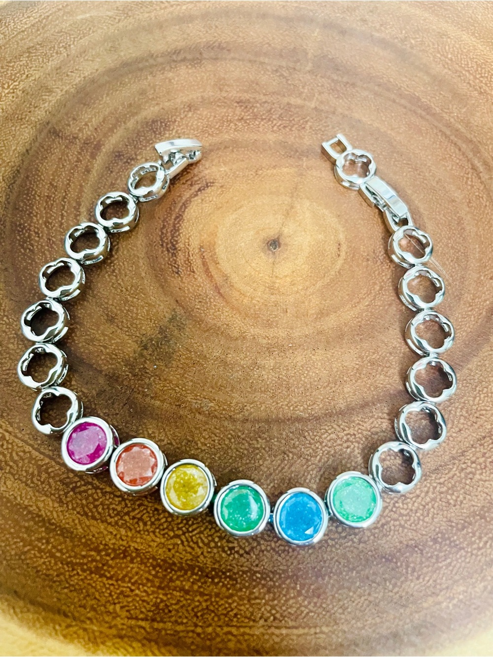 Multicolor Candy CZ Tennis Bracelet Druzy Bezel Set White Gold Filled NWOT - Picture 7 of 8